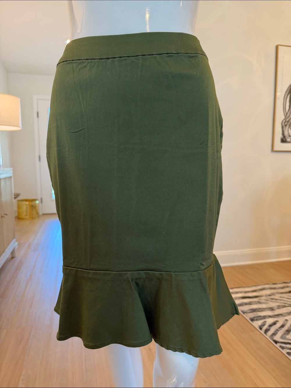 Olive Green Ruffle-Hem Pencil Skirt